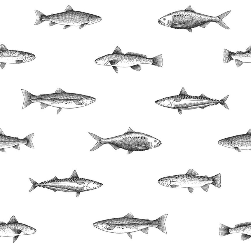 Biela vliesová tapeta s čiernymi rybami 138967, Black & White, Esta