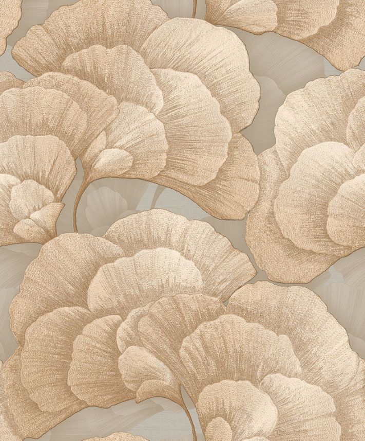 Tapeta s listami ginka, sivo-béžová, zlatá, RE521014, Renaissance, Design ID