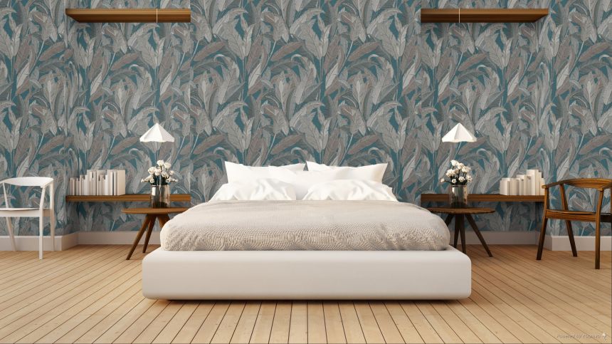 Tapeta s listami, petrolejová, sivá, RE521056, Renaissance, Design ID