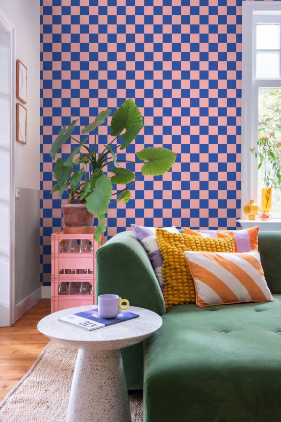 Tapeta so šachovnicovým vzorom, ružová, modrá, 130915, Color Pop, Esta Home
