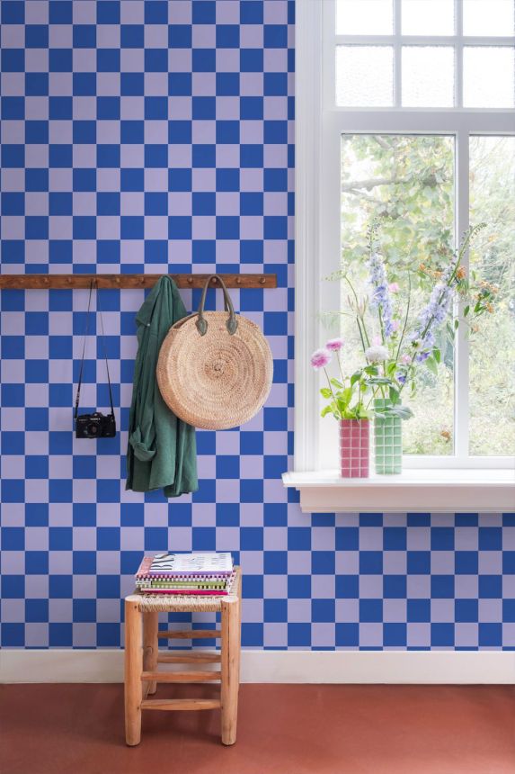 Tapeta so šachovnicovým vzorom, modrá, fialová, 130917, Color Pop, Esta Home