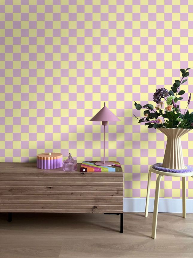 Tapeta so šachovnicovým vzorom, žltá, ružová, 131134, Color Pop, Esta Home