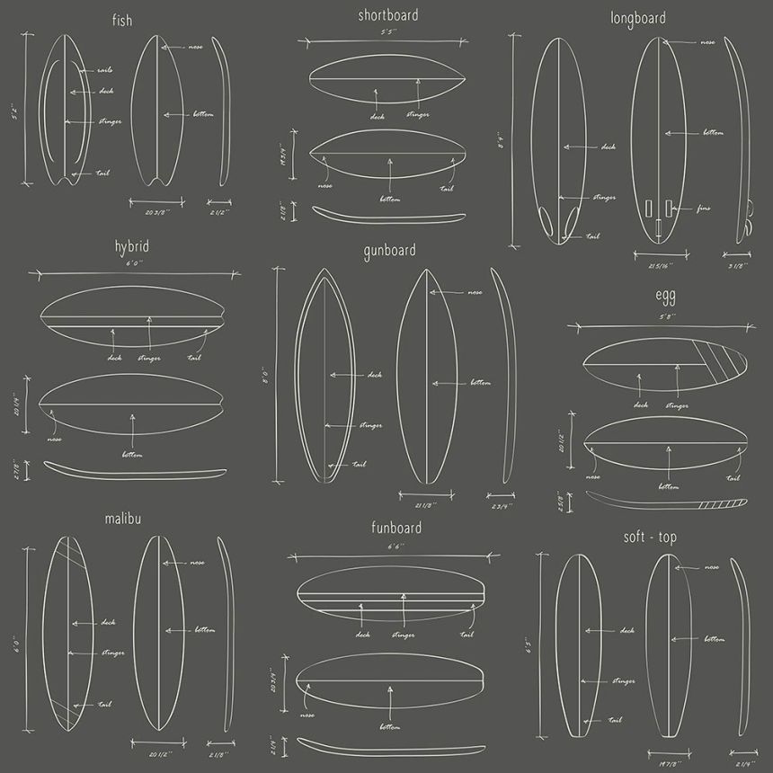 Vliesová čierna tapeta s nákresmi surfov 128872, Regatta Crew, Esta Home