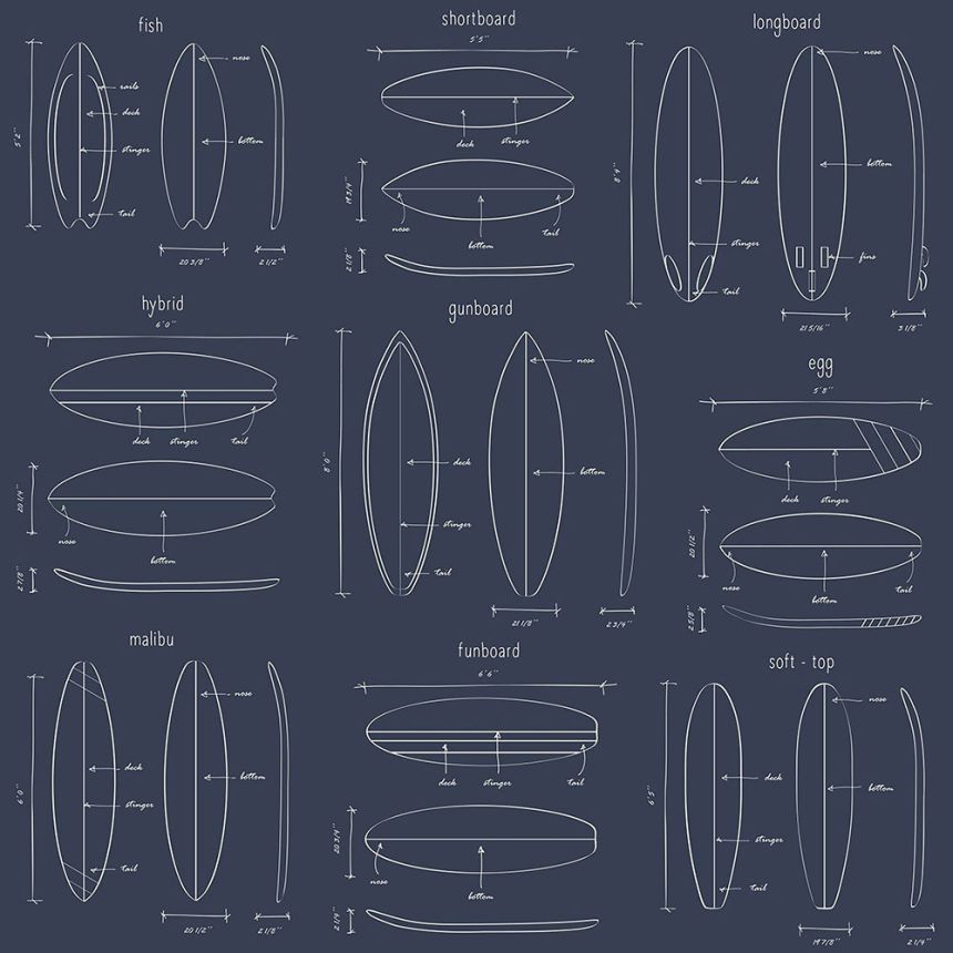 Tmavomodrá vliesová tapeta s nákresmi surfov 128871, Regatta Crew, Esta