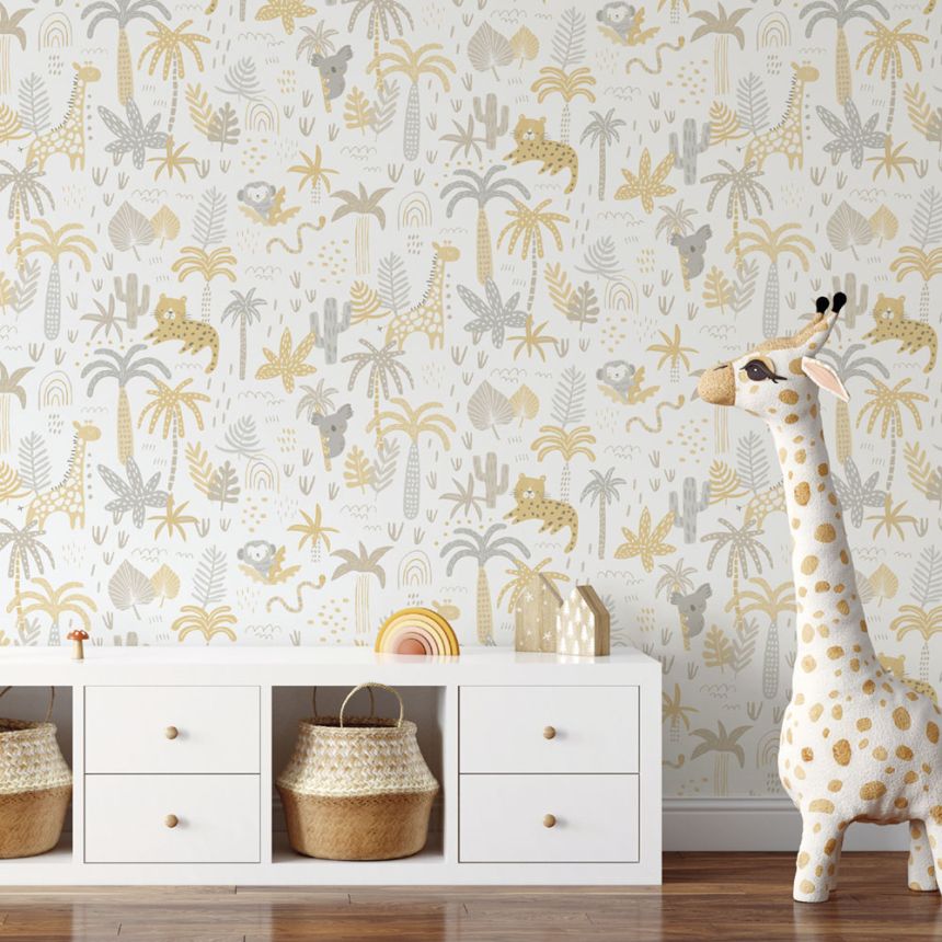 Papierová detská tapeta so zvieratkami, palmami a listami 454-1, Pippo, ICH Wallcoverings