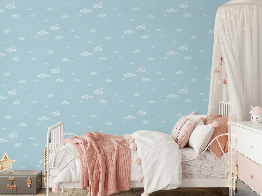 Papierová modrá tapeta na stenu, mráčiky, obloha, hviezdičky 458-1, Pippo, ICH Wallcoverings