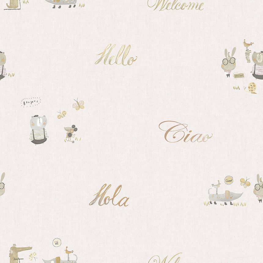Krémová papierová detská tapeta so zvieratkami a textom 3353-3, Oh lala, ICH Wallcoverings