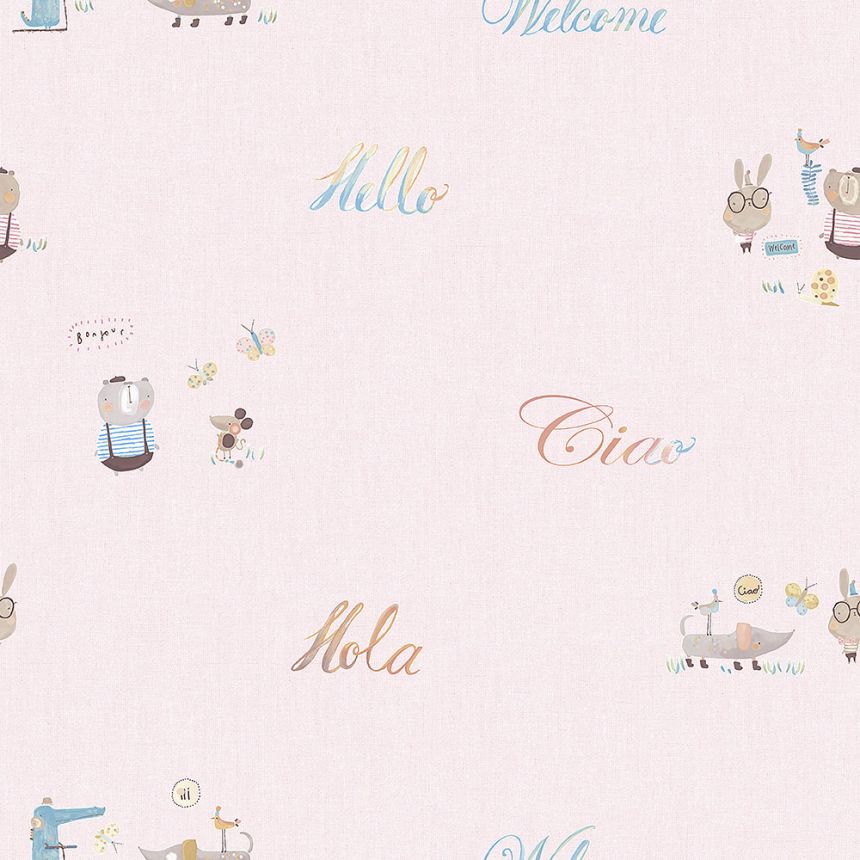 Ružová papierová detská tapeta so zvieratkami a textom 3353-2, Oh lala, ICH Wallcoverings