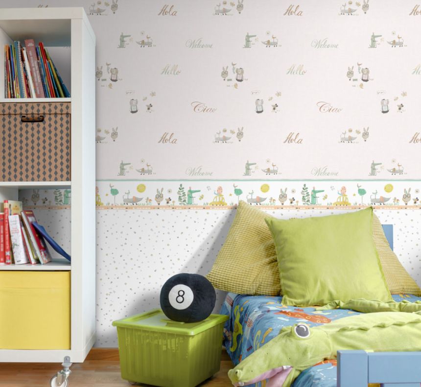 Ružová papierová detská tapeta so zvieratkami a textom 3353-2, Oh lala, ICH Wallcoverings