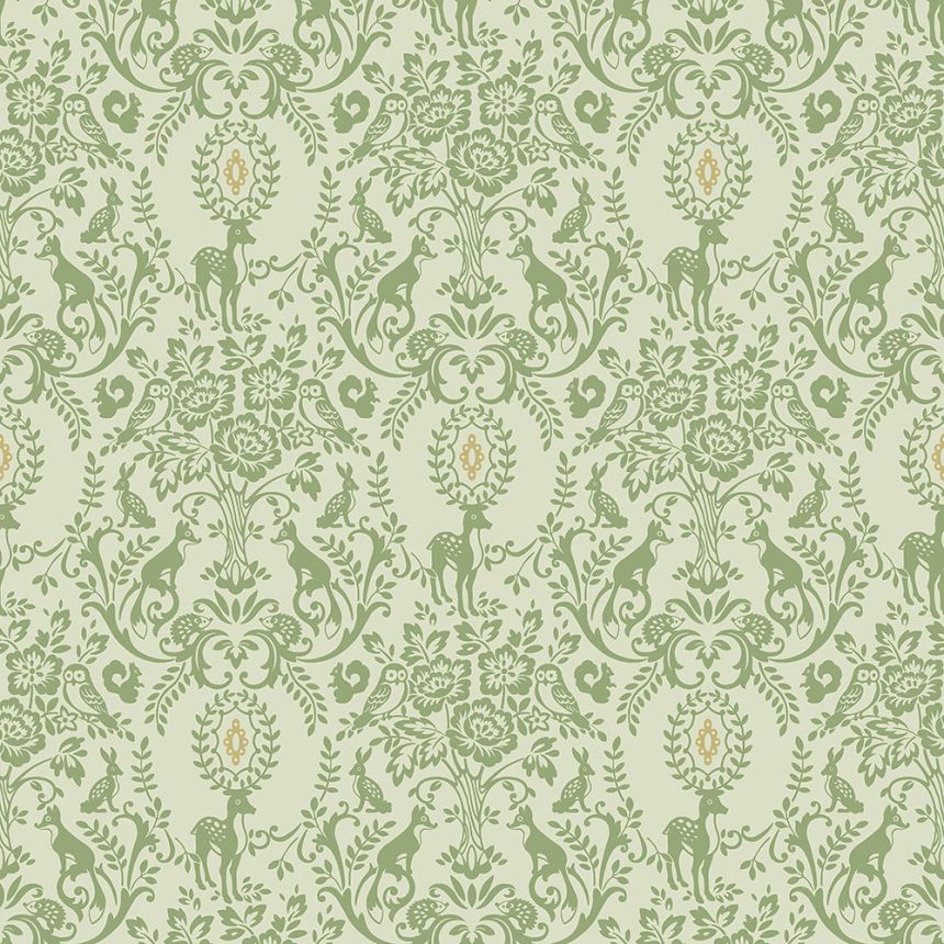 Zelená vliesová detská tapeta - ornamenty, kvety, lesné zvieratká JS3312, Jack´N Rose 2024 , Grandeco