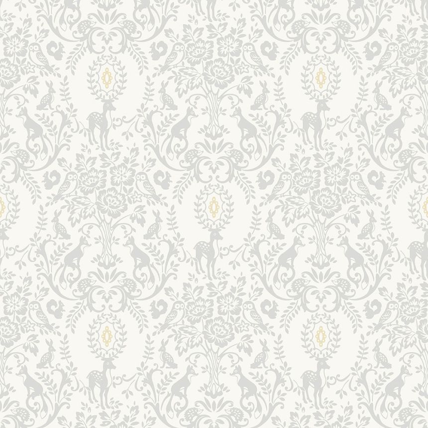 Sivá vliesová detská tapeta – ornamenty, kvety, lesné zvieratká JS3311, Jack´N Rose 2024 , Grandeco