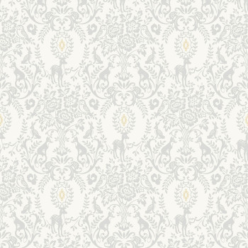 Sivá vliesová detská tapeta – ornamenty, kvety, lesné zvieratká JS3311, Jack´N Rose 2024 , Grandeco