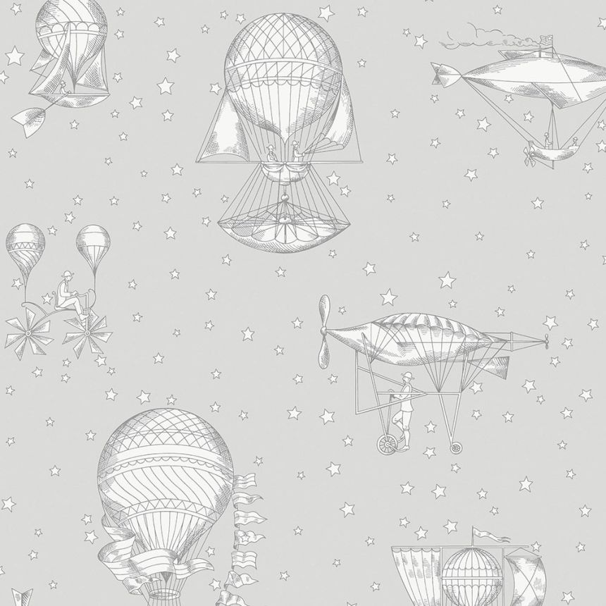 Sivá vliesová detská tapeta – balóny a vzducholode JR3011, Jack´N Rose 2024, Grandeco