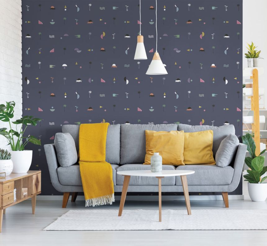 Tmavomodrá vliesová tapeta s palmami, pantermi 6510-3, 106x300cm, Batabasta, ICH Wallcoverings