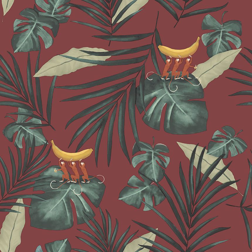 Červená vliesová tapeta na stenu, listy, opice 6502-4, Batabasta, ICH Wallcoverings