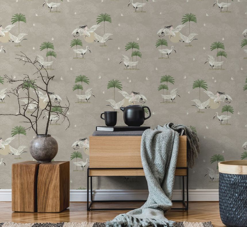 Okrová romantická vliesová tapeta na stenu, vtáky, palmy 6501-4, Batabasta, ICH Wallcoverings