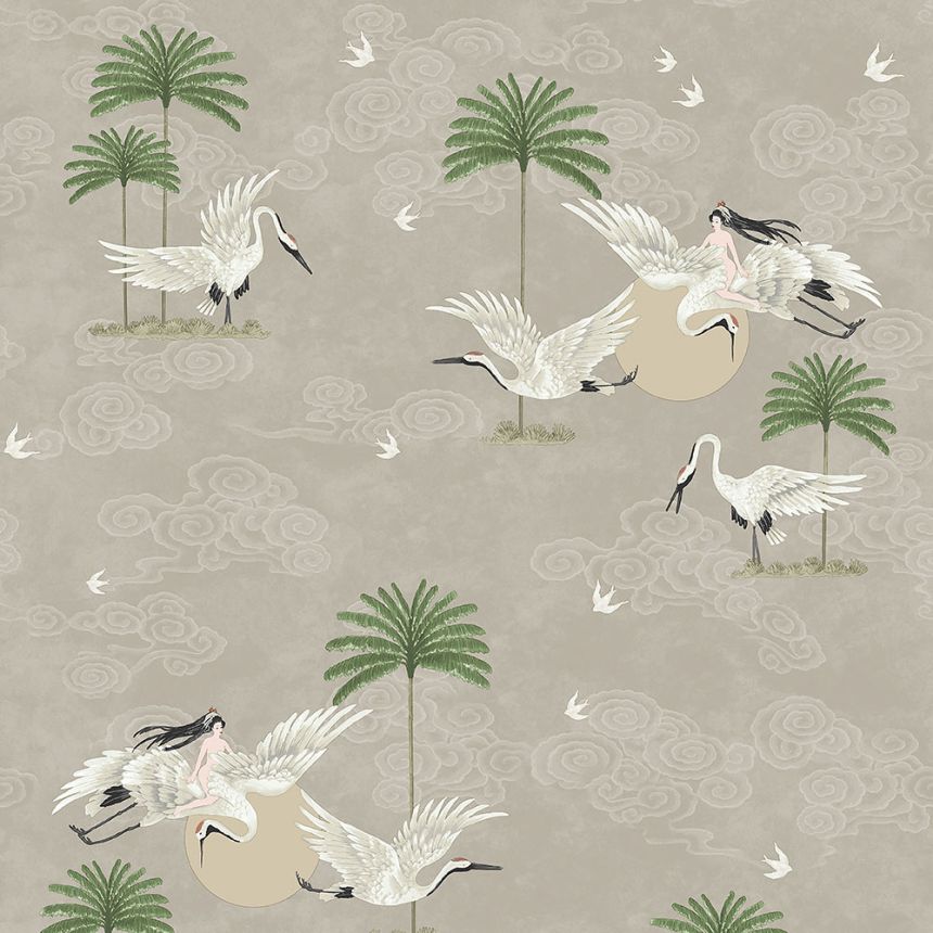 Béžová romantická vliesová tapeta na stenu, vtáky, palmy 6501-2, Batabasta, ICH Wallcoverings