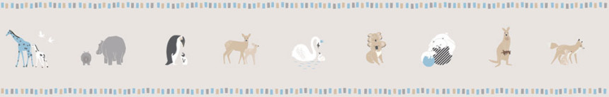 Sivá detská samolepiaca bordúra so zvieratkami 7504-2, Noa, ICH Wallcoverings