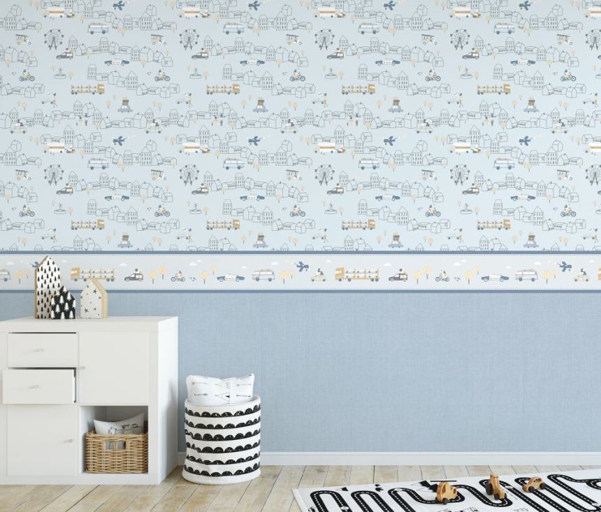 Modrá detská samolepiaca bordúra, mesto, autá 7502-1, Noa, ICH Wallcovering