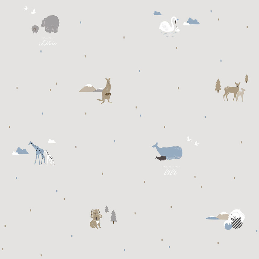 Sivá vliesová detská tapeta so zvieratkami 7004-2, Noa, ICH Wallcoverings