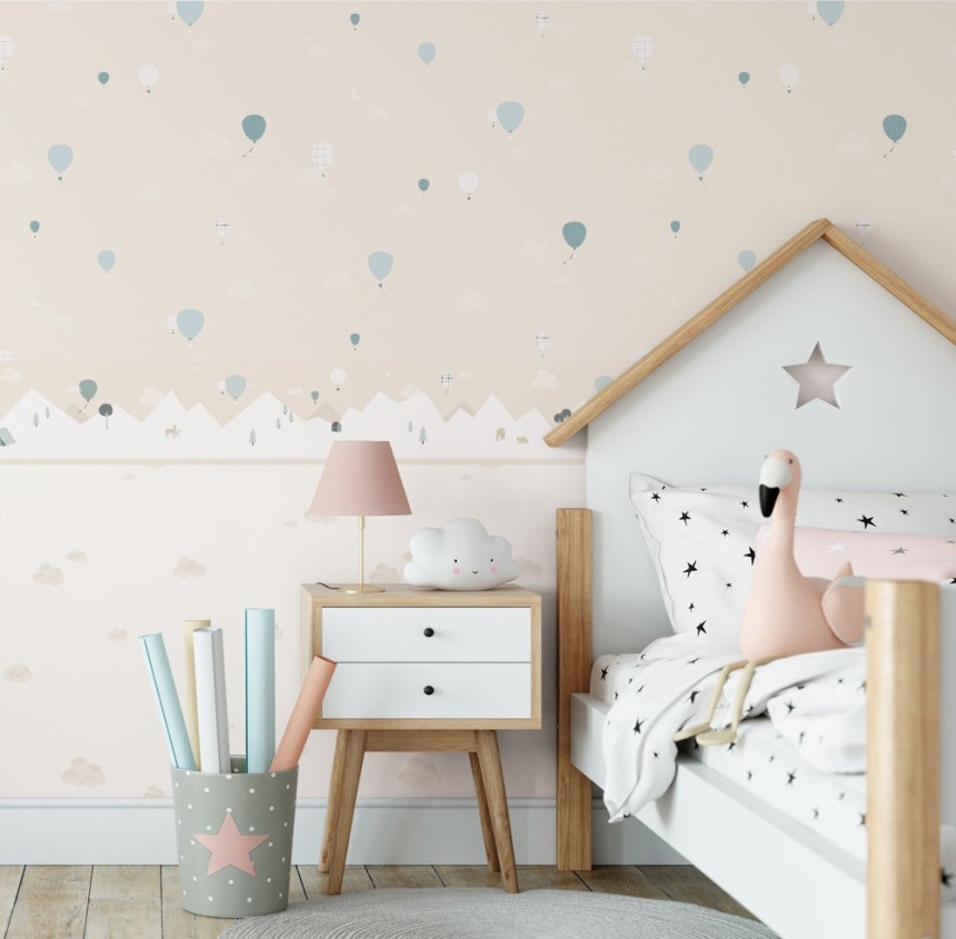 Béžová vliesová detská tapeta - mráčiky, balóny 7001-2, Noa, ICH Wallcoverings