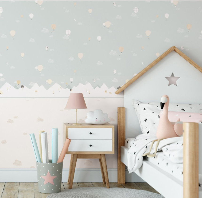 Mentolová vliesová detská tapeta - mráčiky, balóny 7001-1, Noa, ICH Wallcoverings