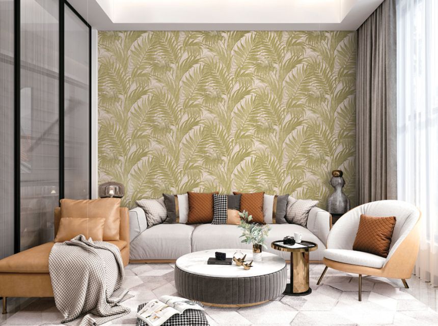 Luxusná béžová vliesová tapeta, zelené palmové listy GR322104, Grace, Design ID